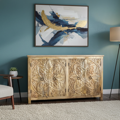 Mango Wood Mandala Carved Natural Sideboard For Storage