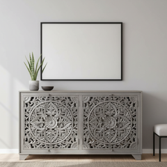 Mango Wood Hand-Carved Sideboard In Grey Finish