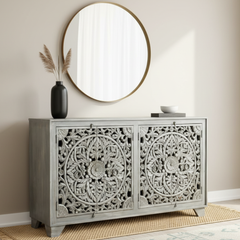 Mango Wood Hand-Carved Sideboard In Grey Finish