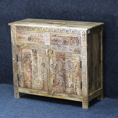 Mango Wood Floral Carved Cabinet, Boho Ethnic Nightstand