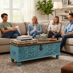 Mango Wood Blue Blanket Chest With Floral Pattern Carving