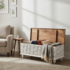 Mango Wood Boho Blanket Chest With Floral Pattern Carving