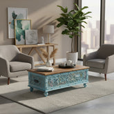 Mango Wood Blue Boho Blanket Chest For Storage