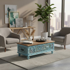 Mango Wood Blue Boho Blanket Chest For Storage