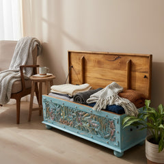 Mango Wood Blue Boho Blanket Chest For Storage