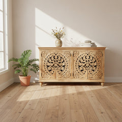 Wooden Four Door Sideboard With Floral Carving