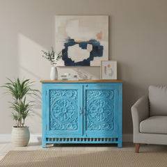 Mango Wood Blue Boho Cabinet Sideboard For Storage