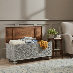 Indian Boho Grey Blanket Chest Made By Mango Wood