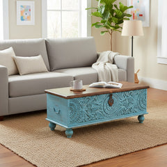 Mango Wood Blue Blanket Chest With Floral Pattern Carving