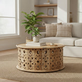 Mango Wood Natural Coffee Table With Floral Carving