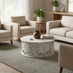 Mango Wood Center Coffee Table With Floral Carving