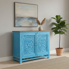 Mango Wood Blue Boho Cabinet Sideboard For Storage