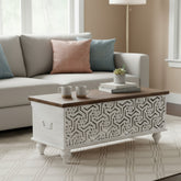 Mango Wood Boho Blanket Chest With Floral Pattern Carving