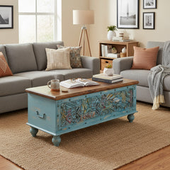 Mango Wood Blue Boho Blanket Chest For Storage