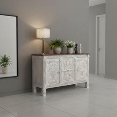 Mango Wood Hand-Carved Sideboard With White Finish