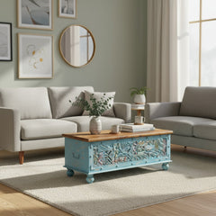 Mango Wood Blue Boho Blanket Chest For Storage