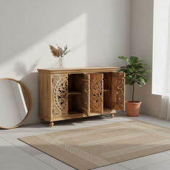 Wooden Four Door Sideboard With Floral Carving