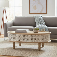 Mango Wood Centerpiece Oval Coffee Table With Lattice Carving