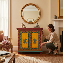 Hand-Painted Mango Wood Indian Bedside Cabinet For Bedroom Storage