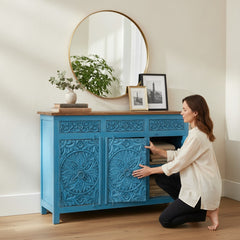 Mango Wood Indian Blue Sideboard With Mandala Carving