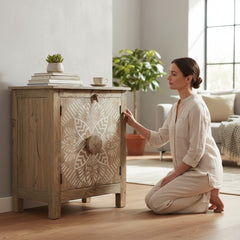 Hand-Painted Mango Wood Bedside Cabinet For Bedroom Storage