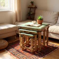 Boho Rustic Handcrafted Wooden Nesting Table Set for Cozy Living Room Decor