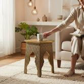 Mango Wood Sofa Side Table With Brass Detailing