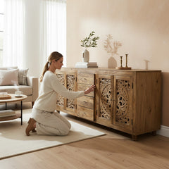 Mango Wood Hand-Carved Sideboard For Storage Solution
