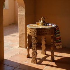 Hand-Carved Mango Wood Side Table – Boho Round Sofa Table for Living Room Decor