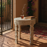 Hand-Carved Mango Wood Side Table – Boho Round Sofa Table for Living Room Decor