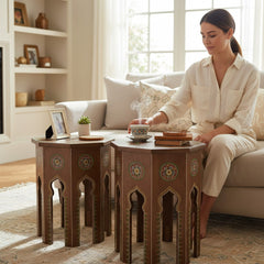 Mango Wood Hand-Painted Indian Accent Side Table For Living Room In Set Of 2