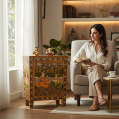 Mango Wood Mughal Painted Bedside Table For Home Decor