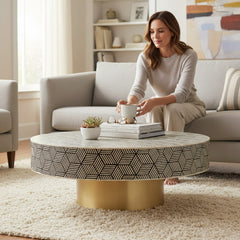 Bone Inlay Centerpiece Round Coffee Table For Living Room