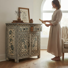 Mango Wood Ethnic Painted Console Cabinet For Storage