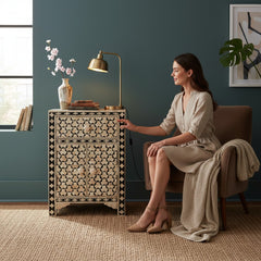 Mango Wood Bone Inlay Bedside Table For Living Area Decor