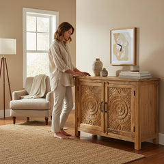 Mango Wood Natural Polish Sideboard Cabinet With Floral Carving