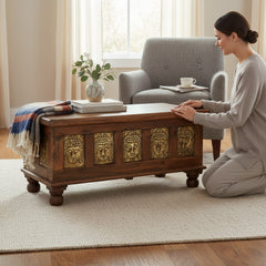 Mango Wood Blanket Storage Chest With Buddha Detailing