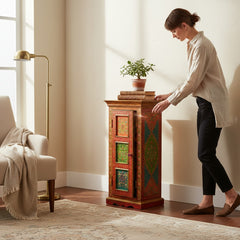 Hand-Painted Mango Wood Bedroom Storage Cabinet – Boho Accent Cupboard for Clothes, Linens & Home Decor