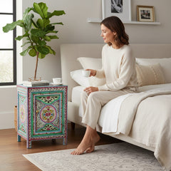 Mango Wood Hand-Painted Bedside Table For Living Room