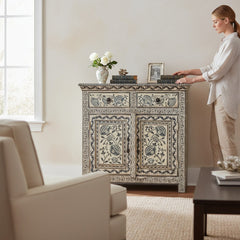 Mango Wood Ethnic Painted Console Cabinet For Storage