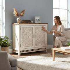 Mango Wood Carved Cabinet Sideboard For Storage