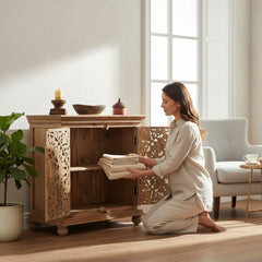 Mango Wood Hand-Carved Sideboard Cabinet For Storage