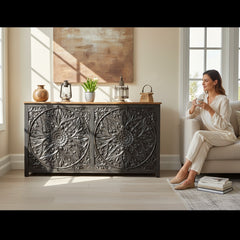 Mango Wood Ethnic Mandala Carved Sideboard For Storage