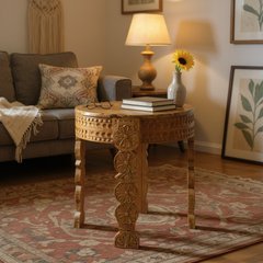 Hand-Carved Mango Wood Side Table – Boho Round Sofa Table for Living Room Decor
