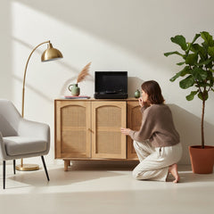 MANGO WOOD RATTAN THREE DOOR SIDEBOARD FOR STORAGE