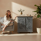 Mango Wood Charcoal Finish Lotus Cabinet For Storage