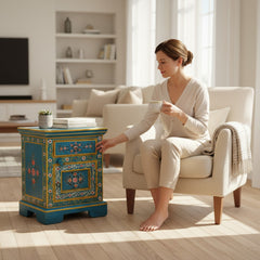 Mango Wood Hand-Painted Bedside Table For Living Area Decor