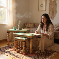 Boho Rustic Handcrafted Wooden Nesting Table Set for Cozy Living Room Decor