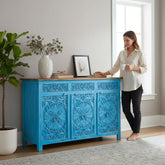 Mango Wood Indian Blue Sideboard With Mandala Carving