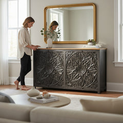 Mango Wood Ethnic Mandala Carved Sideboard For Storage